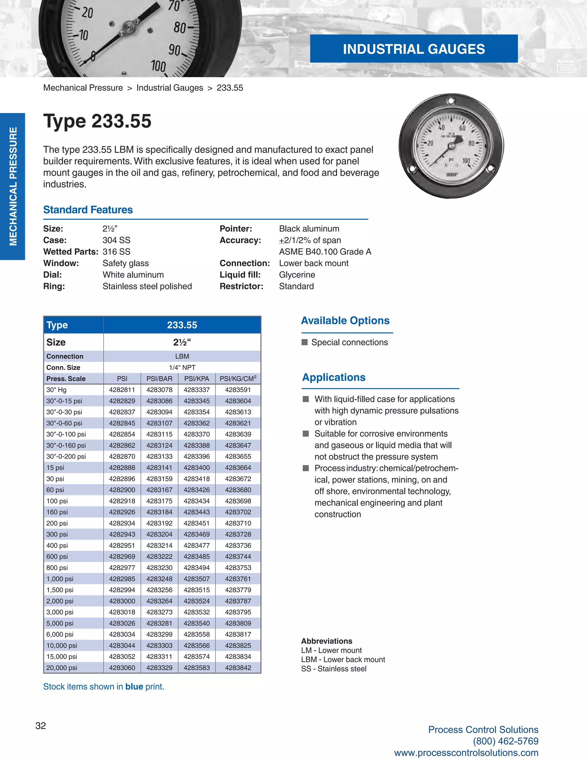 MECHANICALPRESSURE
32
R
Size: 	 2½”
Case: 	 304 SS
Wetted Parts: 	316 SS
Window: 	 Safety glass
Dial: 	 White aluminum
Ring: 	 Stainless steel polished
Pointer: 	 Black aluminum
Accuracy: 	 +2/1/2% of span	
ASME B40.100 Grade A
Connection:	 Lower back mount
Liquid fill:	 Glycerine
Restrictor:	Standard
Standard Features
Mechanical Pressure > Industrial Gauges > 233.55
Type 233.55
The type 233.55 LBM is specifically designed and manufactured to exact panel
builder requirements.With exclusive features, it is ideal when used for panel
mount gauges in the oil and gas, refinery, petrochemical, and food and beverage
industries.
Type 233.55
Size 2½"
Connection LBM
Conn. Size 1/4" NPT
Press. Scale PSI PSI/BAR PSI/KPA PSI/KG/CM²
30" Hg 4282811 4283078 4283337 4283591
30"-0-15 psi 4282829 4283086 4283345 4283604
30"-0-30 psi 4282837 4283094 4283354 4283613
30"-0-60 psi 4282845 4283107 4283362 4283621
30"-0-100 psi 4282854 4283115 4283370 4283639
30"-0-160 psi 4282862 4283124 4283388 4283647
30"-0-200 psi 4282870 4283133 4283396 4283655
15 psi 4282888 4283141 4283400 4283664
30 psi 4282896 4283159 4283418 4283672
60 psi 4282900 4283167 4283426 4283680
100 psi 4282918 4283175 4283434 4283698
160 psi 4282926 4283184 4283443 4283702
200 psi 4282934 4283192 4283451 4283710
300 psi 4282943 4283204 4283469 4283728
400 psi 4282951 4283214 4283477 4283736
600 psi 4282969 4283222 4283485 4283744
800 psi 4282977 4283230 4283494 4283753
1,000 psi 4282985 4283248 4283507 4283761
1,500 psi 4282994 4283256 4283515 4283779
2,000 psi 4283000 4283264 4283524 4283787
3,000 psi 4283018 4283273 4283532 4283795
5,000 psi 4283026 4283281 4283540 4283809
6,000 psi 4283034 4283299 4283558 4283817
10,000 psi 4283044 4283303 4283566 4283825
15,000 psi 4283052 4283311 4283574 4283834
20,000 psi 4283060 4283329 4283583 4283842
Abbreviations
LM - Lower mount
LBM - Lower back mount
SS - Stainless steel
Stock items shown in blue print.
Available Options
■	 Special connections
Applications
■	 With liquid-filled case for applications		
with high dynamic pressure pulsations		
or vibration
■	 Suitable for corrosive environments		
and gaseous or liquid media that will		
not obstruct the pressure system
■	 Processindustry:chemical/petrochem-	
	 ical, power stations, mining, on and		
off shore, environmental technology, 		
mechanical engineering and plant 		
construction
INDUSTRIAL GAUGES
Process Control Solutions
(800) 462-5769
www.processcontrolsolutions.com
 