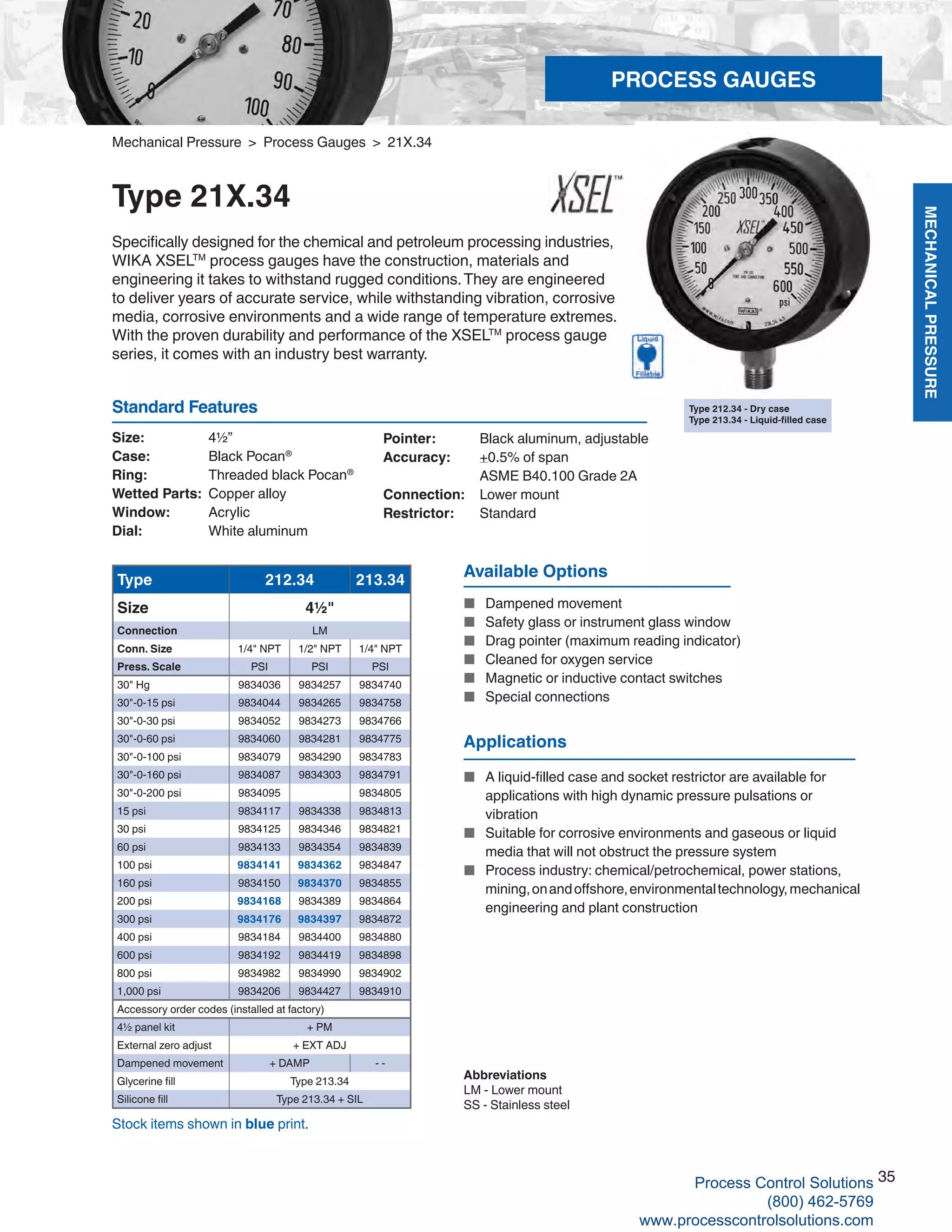 MECHANICALPRESSURE
35
R
Mechanical Pressure > Process Gauges > 21X.34
Type 21X.34
Specifically designed for the chemical and petroleum processing industries,
WIKA XSELTM
process gauges have the construction, materials and
engineering it takes to withstand rugged conditions.They are engineered
to deliver years of accurate service, while withstanding vibration, corrosive
media, corrosive environments and a wide range of temperature extremes.
With the proven durability and performance of the XSELTM
process gauge
series, it comes with an industry best warranty.
Size: 	 4½”
Case: 	 Black Pocan®
Ring:	 Threaded black Pocan®
Wetted Parts: 	Copper alloy
Window: 	 Acrylic
Dial: 	 White aluminum
Pointer: 	 Black aluminum, adjustable
Accuracy: 	 +0.5% of span	
ASME B40.100 Grade 2A
Connection:	 Lower mount
Restrictor:	Standard
Standard Features
Available Options
■	 Dampened movement
■		 Safety glass or instrument glass window
■		 Drag pointer (maximum reading indicator)
■		 Cleaned for oxygen service
■		 Magnetic or inductive contact switches
■		 Special connections
Type 212.34 - Dry case
Type 213.34 - Liquid-filled case
Type 212.34 213.34
Size 4½"
Connection LM
Conn. Size 1/4" NPT 1/2" NPT 1/4" NPT
Press. Scale PSI PSI PSI
30" Hg 9834036 9834257 9834740
30"-0-15 psi 9834044 9834265 9834758
30"-0-30 psi 9834052 9834273 9834766
30"-0-60 psi 9834060 9834281 9834775
30"-0-100 psi 9834079 9834290 9834783
30"-0-160 psi 9834087 9834303 9834791
30"-0-200 psi 9834095 9834805
15 psi 9834117 9834338 9834813
30 psi 9834125 9834346 9834821
60 psi 9834133 9834354 9834839
100 psi 9834141 9834362 9834847
160 psi 9834150 9834370 9834855
200 psi 9834168 9834389 9834864
300 psi 9834176 9834397 9834872
400 psi 9834184 9834400 9834880
600 psi 9834192 9834419 9834898
800 psi 9834982 9834990 9834902
1,000 psi 9834206 9834427 9834910
Accessory order codes (installed at factory)
4½ panel kit + PM
External zero adjust + EXT ADJ
Dampened movement + DAMP - -
Glycerine fill Type 213.34
Silicone fill Type 213.34 + SIL
Abbreviations
LM - Lower mount
SS - Stainless steel
Stock items shown in blue print.
Applications
■	 A liquid-filled case and socket restrictor are available for	
applications with high dynamic pressure pulsations or		
vibration
■	 Suitable for corrosive environments and gaseous or liquid		
media that will not obstruct the pressure system
■	 Process industry: chemical/petrochemical, power stations,		
mining,onandoffshore,environmentaltechnology,mechanical		
engineering and plant construction
PROCESS GAUGES
Process Control Solutions
(800) 462-5769
www.processcontrolsolutions.com
 