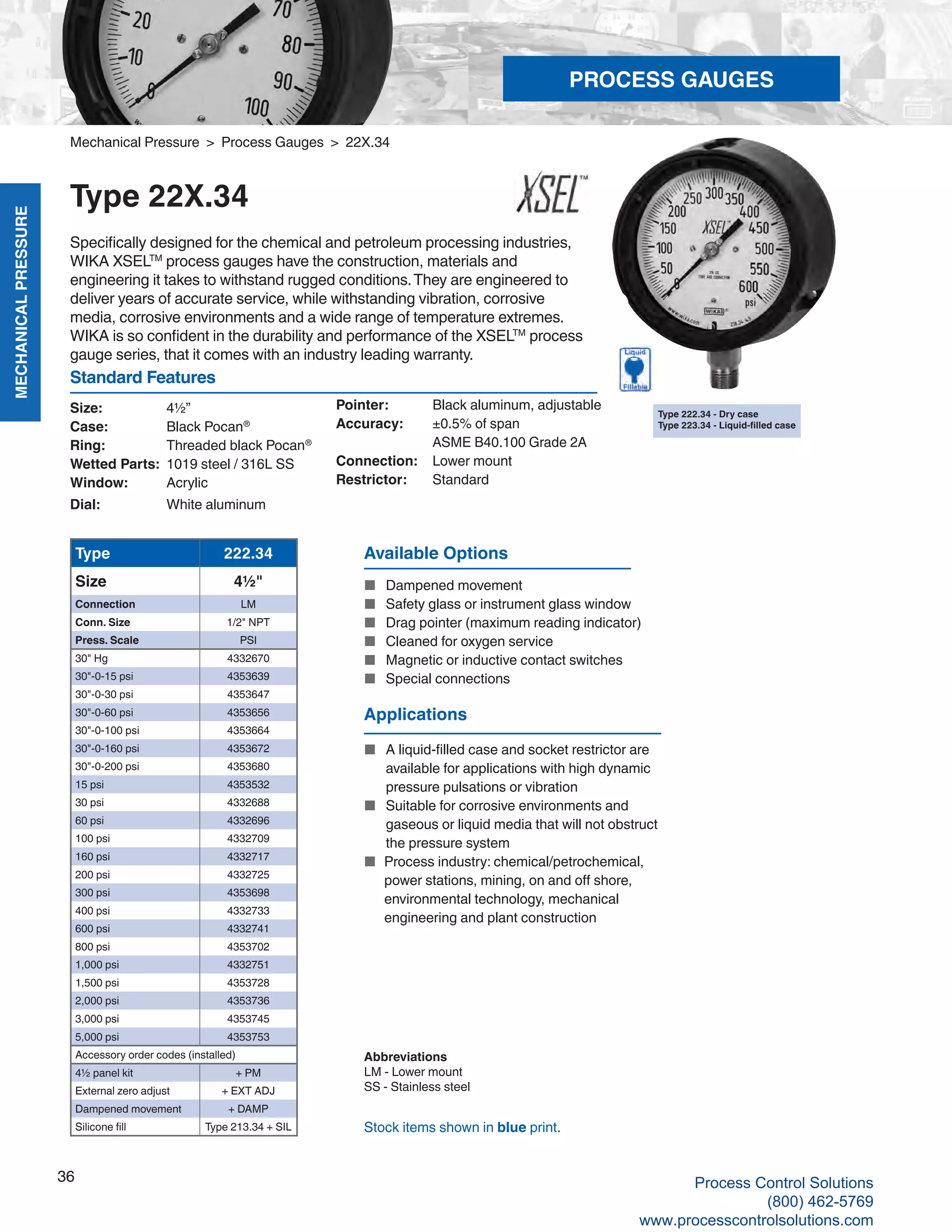 MECHANICALPRESSURE
36
R
Size: 	 4½”
Case: 	 Black Pocan®
Ring:	 Threaded black Pocan®
Wetted Parts: 	1019 steel / 316L SS
Window: 	 Acrylic
Dial: 	 White aluminum
Pointer: 	 Black aluminum, adjustable
Accuracy: 	 ±0.5% of span	
ASME B40.100 Grade 2A
Connection:	 Lower mount
Restrictor:	Standard
Standard Features
Mechanical Pressure > Process Gauges > 22X.34
Type 22X.34
Specifically designed for the chemical and petroleum processing industries,
WIKA XSELTM
process gauges have the construction, materials and
engineering it takes to withstand rugged conditions.They are engineered to
deliver years of accurate service, while withstanding vibration, corrosive
media, corrosive environments and a wide range of temperature extremes.
WIKA is so confident in the durability and performance of the XSELTM
process
gauge series, that it comes with an industry leading warranty.
Type 222.34
Size 4½"
Connection LM
Conn. Size 1/2" NPT
Press. Scale PSI
30" Hg 4332670
30"-0-15 psi 4353639
30"-0-30 psi 4353647
30"-0-60 psi 4353656
30"-0-100 psi 4353664
30"-0-160 psi 4353672
30"-0-200 psi 4353680
15 psi 4353532
30 psi 4332688
60 psi 4332696
100 psi 4332709
160 psi 4332717
200 psi 4332725
300 psi 4353698
400 psi 4332733
600 psi 4332741
800 psi 4353702
1,000 psi 4332751
1,500 psi 4353728
2,000 psi 4353736
3,000 psi 4353745
5,000 psi 4353753
Accessory order codes (installed)
4½ panel kit + PM
External zero adjust + EXT ADJ
Dampened movement + DAMP
Silicone fill Type 213.34 + SIL
Abbreviations
LM - Lower mount
SS - Stainless steel
Type 222.34 - Dry case
Type 223.34 - Liquid-filled case
Stock items shown in blue print.
Available Options
■	 Dampened movement
■		 Safety glass or instrument glass window
■		 Drag pointer (maximum reading indicator)
■		 Cleaned for oxygen service
■		 Magnetic or inductive contact switches
■		 Special connections
Applications
■	 A liquid-filled case and socket restrictor are		
available for applications with high dynamic		
pressure pulsations or vibration
■	 Suitable for corrosive environments and		
gaseous or liquid media that will not obstruct		
the pressure system
■	 Process industry: chemical/petrochemical,		
power stations, mining, on and off shore,	
environmental technology, mechanical	
engineering and plant construction
PROCESS GAUGES
Process Control Solutions
(800) 462-5769
www.processcontrolsolutions.com
 