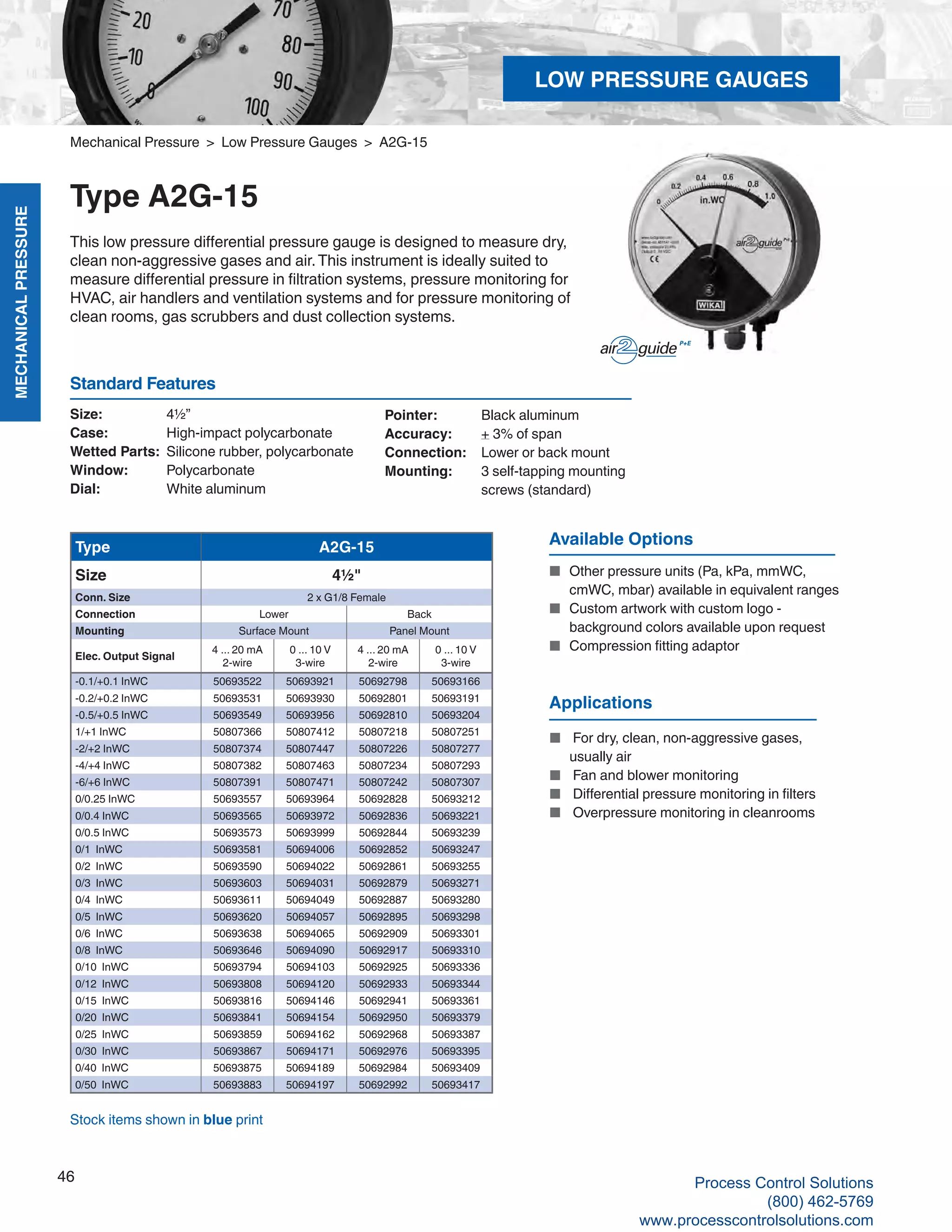 MECHANICALPRESSURE
46
R
Mechanical Pressure > Low Pressure Gauges > A2G-15
Type A2G-15
This low pressure differential pressure gauge is designed to measure dry,
clean non-aggressive gases and air.This instrument is ideally suited to
measure differential pressure in filtration systems, pressure monitoring for
HVAC, air handlers and ventilation systems and for pressure monitoring of
clean rooms, gas scrubbers and dust collection systems.
Size: 	 4½”
Case: 	 High-impact polycarbonate
Wetted Parts: 	Silicone rubber, polycarbonate
Window: 	 Polycarbonate
Dial: 	 White aluminum
Pointer: 	 Black aluminum
Accuracy: 	 + 3% of span
Connection:	 Lower or back mount
Mounting:	 3 self-tapping mounting
screws (standard)
Standard Features
Type A2G-15
Size 4½"
Conn. Size 2 x G1/8 Female
Connection Lower Back
Mounting Surface Mount Panel Mount
Elec. Output Signal
4 ... 20 mA
2-wire
0 ... 10 V
3-wire
4 ... 20 mA
2-wire
0 ... 10 V
3-wire
-0.1/+0.1 InWC 50693522 50693921 50692798 50693166
-0.2/+0.2 InWC 50693531 50693930 50692801 50693191
-0.5/+0.5 InWC 50693549 50693956 50692810 50693204
1/+1 InWC 50807366 50807412 50807218 50807251
-2/+2 InWC 50807374 50807447 50807226 50807277
-4/+4 InWC 50807382 50807463 50807234 50807293
-6/+6 InWC 50807391 50807471 50807242 50807307
0/0.25 InWC 50693557 50693964 50692828 50693212
0/0.4 InWC 50693565 50693972 50692836 50693221
0/0.5 InWC 50693573 50693999 50692844 50693239
0/1 InWC 50693581 50694006 50692852 50693247
0/2 InWC 50693590 50694022 50692861 50693255
0/3 InWC 50693603 50694031 50692879 50693271
0/4 InWC 50693611 50694049 50692887 50693280
0/5 InWC 50693620 50694057 50692895 50693298
0/6 InWC 50693638 50694065 50692909 50693301
0/8 InWC 50693646 50694090 50692917 50693310
0/10 InWC 50693794 50694103 50692925 50693336
0/12 InWC 50693808 50694120 50692933 50693344
0/15 InWC 50693816 50694146 50692941 50693361
0/20 InWC 50693841 50694154 50692950 50693379
0/25 InWC 50693859 50694162 50692968 50693387
0/30 InWC 50693867 50694171 50692976 50693395
0/40 InWC 50693875 50694189 50692984 50693409
0/50 InWC 50693883 50694197 50692992 50693417
Stock items shown in blue print
Available Options
■	 Other pressure units (Pa, kPa, mmWC,	
cmWC, mbar) available in equivalent ranges
■	 Custom artwork with custom logo -	
background colors available upon request
■	 Compression fitting adaptor
Applications
■	 For dry, clean, non-aggressive gases,	
usually air
■	 Fan and blower monitoring
■	 Differential pressure monitoring in filters
■	 Overpressure monitoring in cleanrooms
LOW PRESSURE GAUGES
Process Control Solutions
(800) 462-5769
www.processcontrolsolutions.com
 
