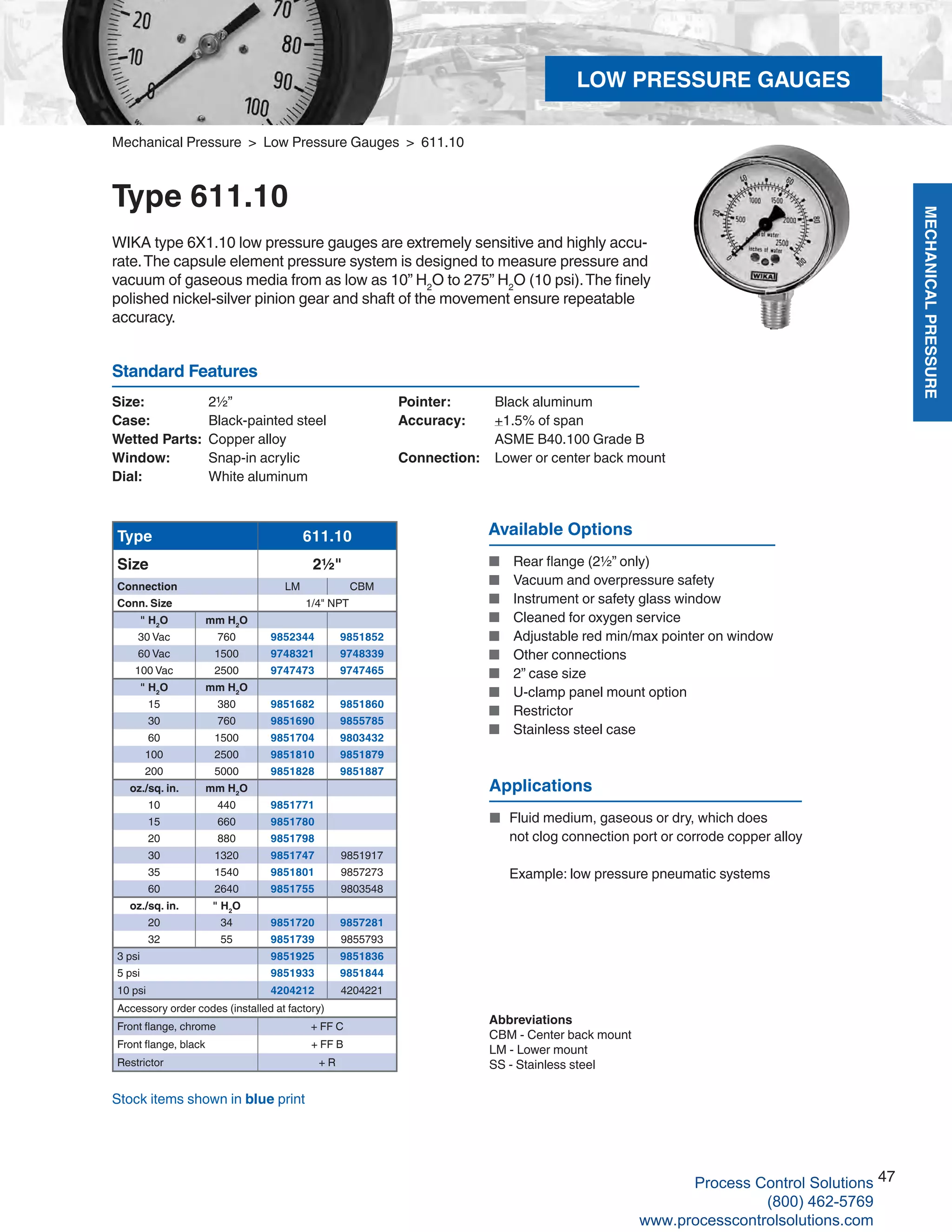 MECHANICALPRESSURE
47
R
Size: 	 2½”
Case: 	 Black-painted steel
Wetted Parts: 	Copper alloy
Window: 	 Snap-in acrylic
Dial: 	 White aluminum
Pointer: 	 Black aluminum
Accuracy: 	 +1.5% of span	
ASME B40.100 Grade B
Connection:	 Lower or center back mount
Standard Features
Mechanical Pressure > Low Pressure Gauges > 611.10
Type 611.10
WIKA type 6X1.10 low pressure gauges are extremely sensitive and highly accu-
rate.The capsule element pressure system is designed to measure pressure and
vacuum of gaseous media from as low as 10” H2
O to 275” H2
O (10 psi).The finely
polished nickel-silver pinion gear and shaft of the movement ensure repeatable
accuracy.
Available Options
■	 Rear flange (2½” only)
■	 Vacuum and overpressure safety
■	 Instrument or safety glass window
■	 Cleaned for oxygen service
■	 Adjustable red min/max pointer on window
■	 Other connections
■	 2” case size
■	 U-clamp panel mount option
■	 Restrictor
■	 Stainless steel case
Type 611.10
Size 2½"
Connection LM CBM
Conn. Size 1/4" NPT
" H2
O mm H2
O
30 Vac 760 9852344 9851852
60 Vac 1500 9748321 9748339
100 Vac 2500 9747473 9747465
" H2
O mm H2
O
15 380 9851682 9851860
30 760 9851690 9855785
60 1500 9851704 9803432
100 2500 9851810 9851879
200 5000 9851828 9851887
oz./sq. in. mm H2
O
10 440 9851771
15 660 9851780
20 880 9851798
30 1320 9851747 9851917
35 1540 9851801 9857273
60 2640 9851755 9803548
oz./sq. in. " H2
O
20 34 9851720 9857281
32 55 9851739 9855793
3 psi 9851925 9851836
5 psi 9851933 9851844
10 psi 4204212 4204221
Accessory order codes (installed at factory)
Front flange, chrome + FF C
Front flange, black + FF B
Restrictor + R
Abbreviations
CBM - Center back mount
LM - Lower mount
SS - Stainless steel
Stock items shown in blue print
Applications
■	 Fluid medium, gaseous or dry, which does	
not clog connection port or corrode copper alloy		
Example: low pressure pneumatic systems
LOW PRESSURE GAUGES
Process Control Solutions
(800) 462-5769
www.processcontrolsolutions.com
 