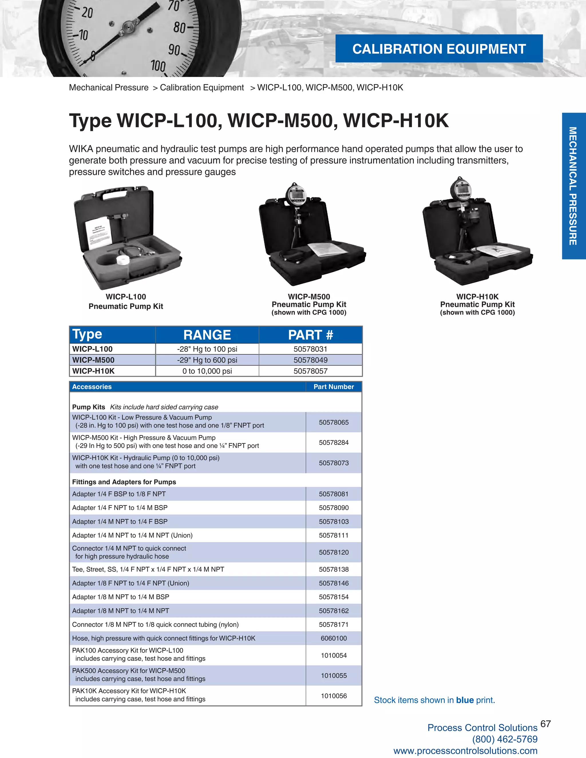 MECHANICALPRESSURE
67
R
CALIBRATION EQUIPMENT
Mechanical Pressure > Calibration Equipment > WICP-L100, WICP-M500, WICP-H10K
Type WICP-L100, WICP-M500, WICP-H10K
WIKA pneumatic and hydraulic test pumps are high performance hand operated pumps that allow the user to
generate both pressure and vacuum for precise testing of pressure instrumentation including transmitters,
pressure switches and pressure gauges
Type RANGE PART #
WICP-L100 -28" Hg to 100 psi 50578031
WICP-M500 -29" Hg to 600 psi 50578049
WICP-H10K 0 to 10,000 psi 50578057
Accessories Part Number
Pump Kits Kits include hard sided carrying case
WICP-L100 Kit - Low Pressure & Vacuum Pump
(-28 in. Hg to 100 psi) with one test hose and one 1/8” FNPT port 50578065
WICP-M500 Kit - High Pressure & Vacuum Pump
(-29 In Hg to 500 psi) with one test hose and one ¼” FNPT port 50578284
WICP-H10K Kit - Hydraulic Pump (0 to 10,000 psi)
with one test hose and one ¼” FNPT port 50578073
Fittings and Adapters for Pumps
Adapter 1/4 F BSP to 1/8 F NPT 50578081
Adapter 1/4 F NPT to 1/4 M BSP 50578090
Adapter 1/4 M NPT to 1/4 F BSP 50578103
Adapter 1/4 M NPT to 1/4 M NPT (Union) 50578111
Connector 1/4 M NPT to quick connect
for high pressure hydraulic hose
50578120
Tee, Street, SS, 1/4 F NPT x 1/4 F NPT x 1/4 M NPT 50578138
Adapter 1/8 F NPT to 1/4 F NPT (Union) 50578146
Adapter 1/8 M NPT to 1/4 M BSP 50578154
Adapter 1/8 M NPT to 1/4 M NPT 50578162
Connector 1/8 M NPT to 1/8 quick connect tubing (nylon) 50578171
Hose, high pressure with quick connect fittings for WICP-H10K 6060100
PAK100 Accessory Kit for WICP-L100
includes carrying case, test hose and fittings 1010054
PAK500 Accessory Kit for WICP-M500
includes carrying case, test hose and fittings 1010055
PAK10K Accessory Kit for WICP-H10K
includes carrying case, test hose and fittings 1010056
WICP-L100
Pneumatic Pump Kit
WICP-H10K
Pneumatic Pump Kit
(shown with CPG 1000)
WICP-M500
Pneumatic Pump Kit
(shown with CPG 1000)
Stock items shown in blue print.
Process Control Solutions
(800) 462-5769
www.processcontrolsolutions.com
 