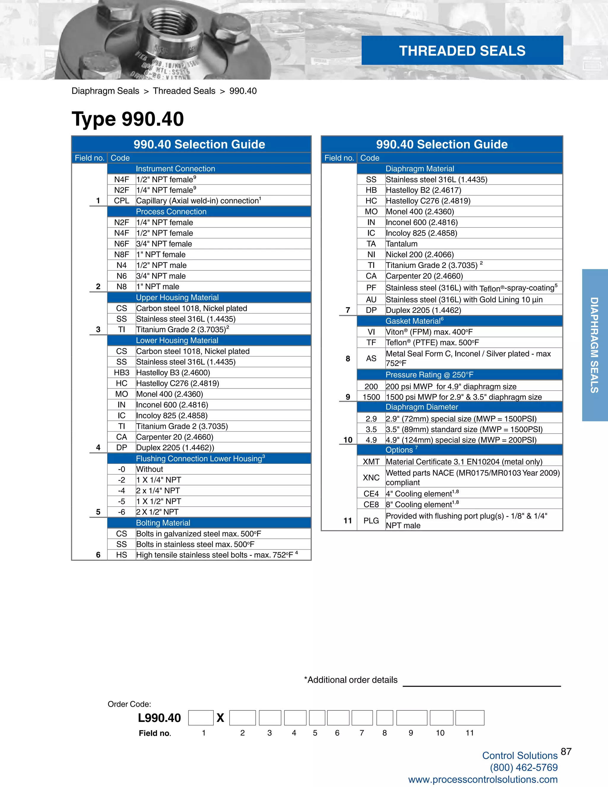 87
DIAPHRAGMSEALS
Diaphragm Seals > Threaded Seals > 990.40
Type 990.40
*Additional order details
THREADED SEALS
990.40 Selection Guide
Field no. Code
Instrument Connection
N4F 1/2" NPT female⁹
N2F 1/4" NPT female⁹
1 CPL Capillary (Axial weld-in) connection¹
Process Connection
N2F 1/4" NPT female
N4F 1/2" NPT female
N6F 3/4" NPT female
N8F 1" NPT female
N4 1/2" NPT male
N6 3/4" NPT male
2 N8 1" NPT male
Upper Housing Material
CS Carbon steel 1018, Nickel plated
SS Stainless steel 316L (1.4435)
3 TI Titanium Grade 2 (3.7035)²
Lower Housing Material
CS Carbon steel 1018, Nickel plated
SS Stainless steel 316L (1.4435)
HB3 Hastelloy B3 (2.4600)
HC Hastelloy C276 (2.4819)
MO Monel 400 (2.4360)
IN Inconel 600 (2.4816)
IC Incoloy 825 (2.4858)
TI Titanium Grade 2 (3.7035)
CA Carpenter 20 (2.4660)
4 DP Duplex 2205 (1.4462))
Flushing Connection Lower Housing³
-0 Without
-2 1 X 1/4" NPT
-4 2 x 1/4" NPT
-5 1 X 1/2" NPT
5 -6 2 X 1/2" NPT
Bolting Material
CS Bolts in galvanized steel max. 500o
F
SS Bolts in stainless steel max. 500o
F
6 HS High tensile stainless steel bolts - max. 752o
F ⁴
990.40 Selection Guide
Field no. Code
Diaphragm Material
SS Stainless steel 316L (1.4435)
HB Hastelloy B2 (2.4617)
HC Hastelloy C276 (2.4819)
MO Monel 400 (2.4360)
IN Inconel 600 (2.4816)
IC Incoloy 825 (2.4858)
TA Tantalum
NI Nickel 200 (2.4066)
TI Titanium Grade 2 (3.7035) ²
CA Carpenter 20 (2.4660)
PF Stainless steel (316L) with Teflon®-spray-coating⁵
AU Stainless steel (316L) with Gold Lining 10 µin
7 DP Duplex 2205 (1.4462)
Gasket Material⁶
VI Viton®
(FPM) max. 400o
F
TF Teflon®
(PTFE) max. 500o
F
8 AS
Metal Seal Form C, Inconel / Silver plated - max
752o
F
Pressure Rating @ 250°F
200 200 psi MWP for 4.9" diaphragm size
9 1500 1500 psi MWP for 2.9" & 3.5" diaphragm size
Diaphragm Diameter
2.9 2.9" (72mm) special size (MWP = 1500PSI)
3.5 3.5" (89mm) standard size (MWP = 1500PSI)
10 4.9 4.9" (124mm) special size (MWP = 200PSI)
Options ⁷
XMT Material Certificate 3.1 EN10204 (metal only)
XNC
Wetted parts NACE (MR0175/MR0103 Year 2009)
compliant
CE4 4" Cooling element¹,⁸
CE8 8" Cooling element¹,⁸
11 PLG
Provided with flushing port plug(s) - 1/8" & 1/4"
NPT male
Order Code:
L990.40 X
1 2 3 4 5 6 7Field no. 8 9 10 11
Control Solutions
(800) 462-5769
www.processcontrolsolutions.com
 