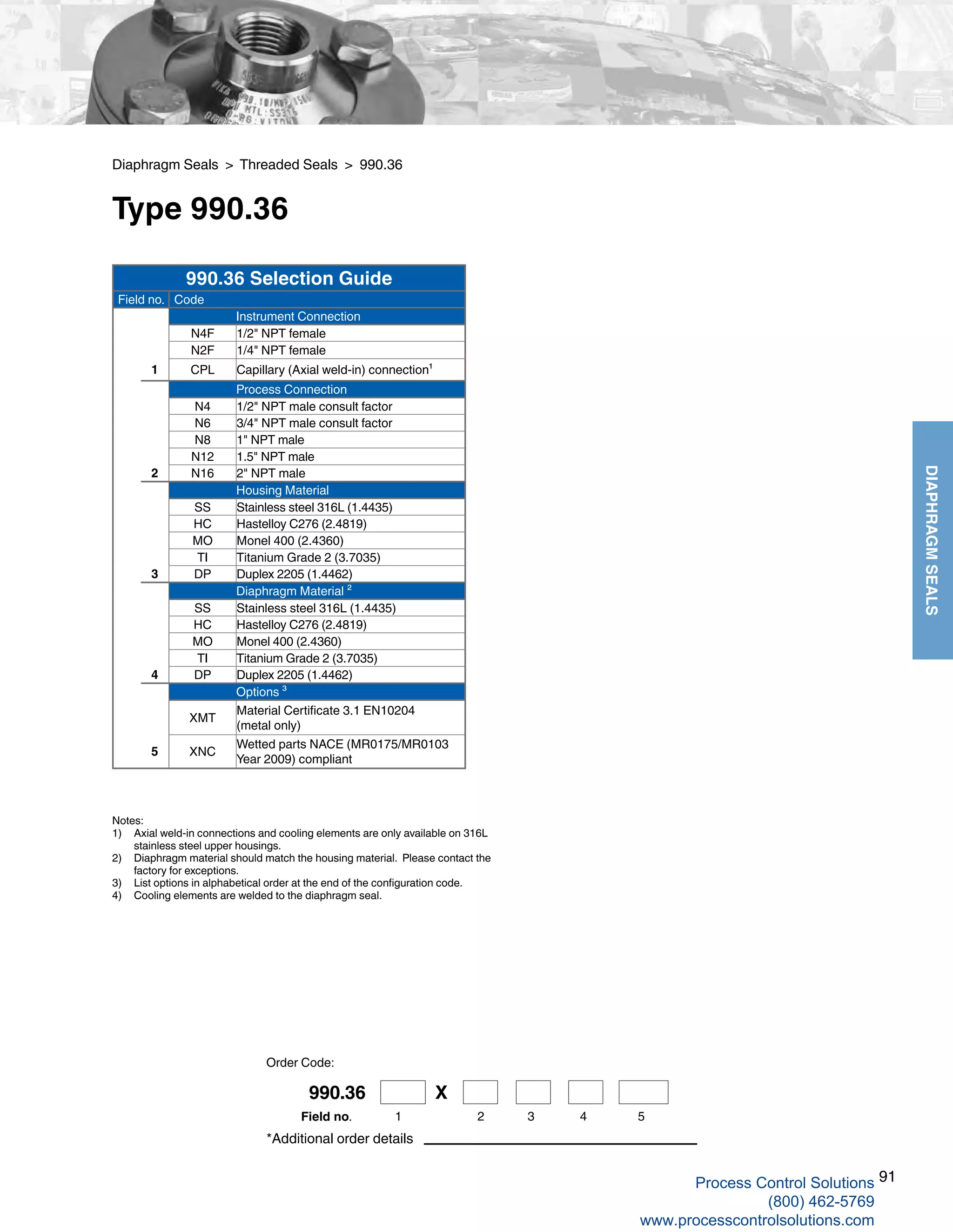 91
DIAPHRAGMSEALS
Diaphragm Seals > Threaded Seals > 990.36
Type 990.36
Notes:
1)	 Axial weld-in connections and cooling elements are only available on 316L 	
stainless steel upper housings.
2)	 Diaphragm material should match the housing material. Please contact the 	
factory for exceptions.
3)	 List options in alphabetical order at the end of the configuration code.
4)	 Cooling elements are welded to the diaphragm seal.
*Additional order details
Order Code:
990.36 Selection Guide
Field no. Code
Instrument Connection
N4F 1/2" NPT female
N2F 1/4" NPT female
1 CPL Capillary (Axial weld-in) connection¹
Process Connection
N4 1/2" NPT male consult factor
N6 3/4" NPT male consult factor
N8 1" NPT male
N12 1.5" NPT male
2 N16 2" NPT male
Housing Material
SS Stainless steel 316L (1.4435)
HC Hastelloy C276 (2.4819)
MO Monel 400 (2.4360)
TI Titanium Grade 2 (3.7035)
3 DP Duplex 2205 (1.4462)
Diaphragm Material ²
SS Stainless steel 316L (1.4435)
HC Hastelloy C276 (2.4819)
MO Monel 400 (2.4360)
TI Titanium Grade 2 (3.7035)
4 DP Duplex 2205 (1.4462)
Options ³
XMT
Material Certificate 3.1 EN10204
(metal only)
5 XNC
Wetted parts NACE (MR0175/MR0103
Year 2009) compliant
990.36 X
1 2 3 4 5Field no.
Process Control Solutions
(800) 462-5769
www.processcontrolsolutions.com
 