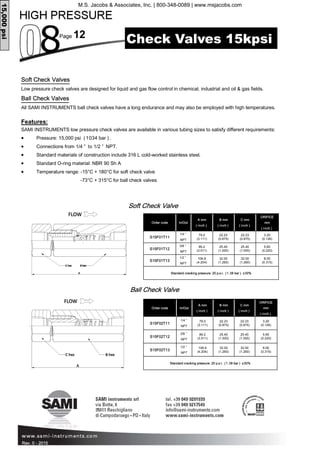 Page 12
Rev. 0 - 2015
15,000psi
Order code In/Out
A mm
( inch )
B mm
( inch )
C mm
( inch )
ORIFICE
mm
( inch )
S15F01T11
1/4 ”
NPT
79.0
(3.111)
22.23
(0.875)
22.23
(0.875)
3.20
(0.126)
S15F01T12
3/8 ”
NPT
89.2
(3.511)
25.40
(1.000)
25.40
(1.000)
5.60
(0.220)
S15F01T13
1/2 ”
NPT
106.8
(4.204)
32.00
(1.260)
32.00
(1.260)
8.00
(0.315)
Standard cracking pressure: 20 p.s.i. (1.38 bar ) ±30%
Soft Check Valves
Low pressure check valves are designed for liquid and gas flow control in chemical, industrial and oil & gas fields.
Ball Check Valves
All SAMI INSTRUMENTS ball check valves have a long endurance and may also be employed with high temperatures.
Features:
SAMI INSTRUMENTS low pressure check valves are available in various tubing sizes to satisfy different requirements:
• Pressure: 15,000 psi (1034 bar ).
• Connections from 1/4 ” to 1/2 ” NPT.
• Standard materials of construction include 316 L cold-worked stainless steel.
• Standard O-ring material: NBR 90 Sh A
• Temperature range: -15°C + 180°C for soft check valve
-73°C + 315°C for ball check valves
Order code In/Out
A mm
( inch )
B mm
( inch )
C mm
( inch )
ORIFICE
mm
( inch )
S15F02T11
1/4 ”
NPT
79.0
(3.111)
22.23
(0.875)
22.23
(0.875)
3.20
(0.126)
S15F02T12
3/8 ”
NPT
89.2
(3.511)
25.40
(1.000)
25.40
(1.000)
5.60
(0.220)
S15F02T13
1/2 ”
NPT
106.8
(4.204)
32.00
(1.260)
32.00
(1.260)
8.00
(0.315)
Standard cracking pressure: 20 p.s.i. (1.38 bar ) ±30%
Soft Check Valve
Ball Check Valve
Check Valves 15kpsi
M.S. Jacobs & Associates, Inc. | 800-348-0089 | www.msjacobs.com
 