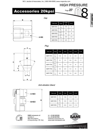Page 27
Rev. 0 - 2011 Rev. 0 - 2015
Order code
A HEX
mm
B mm
S20F10T01
1/4 ”
O.D.
15.87 21
S20F10T02
3/8 ”
O.D.
19.05 29
S20F10T03
9/16 ”
O.D.
25.4 35
S20F10T04
3/4 ”
O.D.
34.92 44.5
S20F10T05 1 ”O.D. 44.45 57
In/Out
Cap
Plug
Order code A mm B mm C mm D mm E mm
S20F11T01
1/4 ”
O.D.
6.35 9.5 3.6 23.5 8.7
S20F11T02
3/8 ”
O.D.
9.5 12.4 6.35 30.5 11.1
S20F11T03
9/16 ”
O.D.
14.3 18.3 10.3 40 12.7
S20F11T04
3/4 ”
O.D.
18.9 23.8 14.3 42 15.4
S20F11T05
1 ”
O.D.
25.2 31.8 18.3 56.5 20.4
In/Out
Anti-vibration Gland
Order code A mm B mm C mm
S20F14T01
1/4 ”
O.D.
15.88 12.70 32.01
S20F14T02
3/8 ”
O.D.
19.05 15.88 37.21
S20F14T03
9/16 ”
O.D.
25.40 22.20 47.19
In/Out
20,000psi
Accessories 20kpsi
M.S. Jacobs & Associates, Inc. | 800-348-0089 | www.msjacobs.com
 