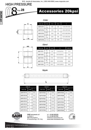 Page 28
Rev. 0 - 2015
Order code A mm B mm C
S20F12T01
1/4 ”
O.D.
9.50 5.60 1/4-28 UNF-2B left
S20F12T02
3/8 ”
O.D.
12.40 6.30 3/8-24 UNF-2B left
S20F12T03
9/16 ”
O.D.
18.40 8.00 9/16-18 UNF-2B left
S20F12T04
3/4 ”
O.D.
23.80 9.60 3/4-16 UNF-2B left
S20F12T05 1 ”O.D. 31.80 12.90 1-14 UNF-2B left
In/Out
Collar
Gland
Order code A mm B HEX mm
S20F13T01
1/4 ”
O.D.
17.50 7/16-20 UNF-2A 12.70
S20F13T02
3/8 ”
O.D.
20.50 9/16-18 UNF-2A 15.87
S20F13T03
9/16 ”
O.D.
27.00 13/16-16 UN-2A 22.20
S20F13T04
3/4 ”
O.D.
28.50 3/4-14 NPSM 28.60
S20F13T05 1 ”O.D. 38.10 1 3/8-12 UNF-2A 34.93
In/Out
20,000psi
Nipple
TUBE 1/4 ”
Order code
L
( m m )
S20F16T01A 69.85
S20F16T01B 76.20
S20F16T01C 101.60
S20F16T01D 152.40
S20F16T01E 203.20
S20F16T01F 254.00
S20F16T01G 304.80
Length
2 3/4 ”
3 ”
4 ”
6 ”
8 ”
10 ”
12 ”
TUBE 3/8 ”
Order code
L
( m m )
S20F16T02A 69.85
S20F16T02B 76.20
S20F16T02C 101.60
S20F16T02D 152.40
S20F16T02E 203.20
S20F16T02F 254.00
S20F16T02G 304.80
Length
2 3/4 ”
3 ”
4 ”
6 ”
8 ”
10 ”
12 ”
TUBE 9/16 ”
Order code
L
( m m )
S20F16T03A 69.85
S20F16T03B 76.20
S20F16T03C 101.60
S20F16T03D 152.40
S20F16T03E 203.20
S20F16T03F 254.00
S20F16T03G 304.80
Length
2 3/4 ”
3 ”
4 ”
6 ”
8 ”
10 ”
12 ”
Accessories 20kpsi
M.S. Jacobs & Associates, Inc. | 800-348-0089 | www.msjacobs.com
 