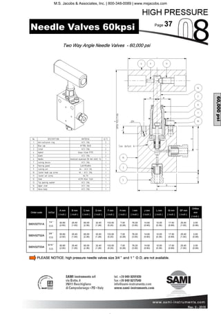 Page 37
Rev. 0 - 2011 Rev. 0 - 2015
Order code In/Out
A mm
( inch )
B mm
( inch )
C mm
( inch )
D mm
( inch )
F mm
( inch )
H mm
( inch )
I mm
( inch )
J mm
( inch )
L mm
( inch )
M mm
( inch )
SP mm
( inch )
Orifice
mm
( inch )
S60V02T01A
1/4 ”
O.D.
50.80
(2.00)
25.40
(1.00)
60.00
(2.36)
32.40
(1.28)
133.00
(5.20)
7.00
(0.28)
76.20
(3.00)
14.60
(0.60)
10.00
(0.39)
17.50
(0.69)
25.40
(1.00)
2.00
(0.06)
S60V02T02A
3/8 ”
O.D.
50.80
(2.00)
25.40
(1.00)
60.00
(2.36)
32.40
(1.28)
133.00
(5.20)
7.00
(0.28)
76.20
(3.00)
14.60
(0.60)
10.00
(0.39)
17.50
(0.69)
25.40
(1.00)
2.00
(0.06)
S60V02T03A
9/16 ”
O.D.
50.80
(2.00)
25.40
(1.00)
60.00
(2.36)
32.40
(1.28)
133.00
(5.20)
7.00
(0.28)
76.20
(3.00)
14.60
(0.60)
10.00
(0.39)
17.50
(0.69)
25.40
(1.00)
2.00
(0.06)
Two Way Angle Needle Valves - 60,000 psi
60,000psi
Needle Valves 60kpsi
PLEASE NOTICE: high pressure needle valves size 3/4 ” and 1 ” O.D. are not available.
M.S. Jacobs & Associates, Inc. | 800-348-0089 | www.msjacobs.com
 