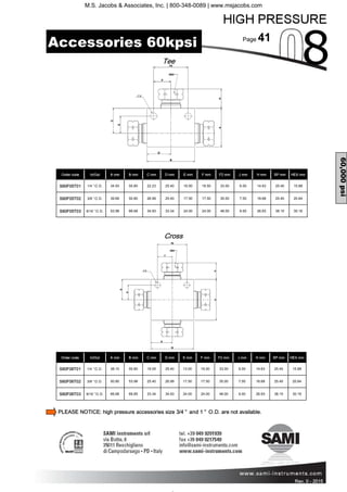 Page 41
Rev. 0 - 2011 Rev. 0 - 2015
Order code A mm B mm C mm D mm E mm F mm F2 mm J mm H mm SP mm HEX mm
S60F06T01 1/4 ”O.D. 38.10 50.80 19.05 25.40 13.00 16.50 33.00 6.00 14.63 25.40 15.88
S60F06T02 3/8 ”O.D. 50.80 53.98 25.40 26.99 17.50 17.50 35.00 7.00 18.68 25.40 20.64
S60F06T03 9/16 ”O.D. 66.68 69.85 33.34 34.93 24.00 24.00 48.00 9.00 26.93 38.10 30.16
In/Out
Cross
Tee
Order code A mm B mm C mm D mm E mm F mm F2 mm J mm H mm SP mm HEX mm
S60F05T01 1/4 ”O.D. 34.93 50.80 22.23 25.40 16.50 16.50 33.00 6.00 14.63 25.40 15.88
S60F05T02 3/8 ”O.D. 39.69 50.80 26.99 25.40 17.50 17.50 35.00 7.00 18.68 25.40 20.64
S60F05T03 9/16 ”O.D. 53.98 66.68 34.93 33.34 24.00 24.00 48.00 9.00 26.93 38.10 30.16
In/Out
60,000psi
Accessories 60kpsi
PLEASE NOTICE: high pressure accessories size 3/4 ” and 1 ” O.D. are not available.
M.S. Jacobs & Associates, Inc. | 800-348-0089 | www.msjacobs.com
 
