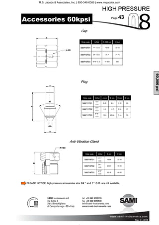 Page 43
Rev. 0 - 2011 Rev. 0 - 2015
Order code A HEX mm B mm
S60F10T01 1/4 ”O.D. 19.05 22.23
S60F10T02 3/8 ”O.D. 25.4 31.75
S60F10T03 9/16 ”O.D. 34.925 38.1
In/Out
Cap
Plug
Order code A mm B mm C mm D mm
S60F11T01
1/4 ”
O.D.
6.35 9.5 3.18 28
S60F11T02
3/8 ”
O.D.
9.5 12.7 5.56 37
S60F11T03
9/16 ”
O.D.
14.3 20.64 7.14 50
In/Out
Anti-Vibration Gland
Order code A mm B mm
S60F14T01
1/4 ”
O.D.
15.88 22.00
S60F14T02
3/8 ”
O.D.
20.64 30.00
S60F14T03
9/16 ”
O.D.
30.16 40.00
In/Out
60,000psi
Accessories 60kpsi
PLEASE NOTICE: high pressure accessories size 3/4 ” and 1 ” O.D. are not available.
M.S. Jacobs & Associates, Inc. | 800-348-0089 | www.msjacobs.com
 