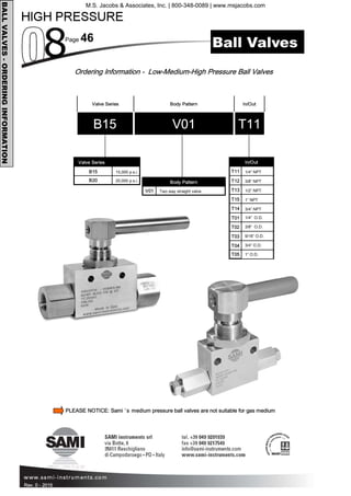 Page 46
Rev. 0 - 2015
Ordering Information - Low-Medium-High Pressure Ball Valves
Valve Series
B15 15,000 p.s.i.
B20 20,000 p.s.i.
Valve Series Body Pattern In/Out
B15 V01 T11
Body Pattern
V01 Two way straight valve
In/Out
T11 1/4” NPT
T12 3/8” NPT
T13 1/2” NPT
T01 1/4” O.D.
T02 3/8” O.D.
T03 9/16” O.D.
T04 3/4” O.D.
T15 1” NPT
T05 1” O.D.
T14 3/4” NPT
BALLVALVES-ORDERINGINFORMATION
Ball Valves
PLEASE NOTICE: Sami ’s medium pressure ball valves are not suitable for gas medium
M.S. Jacobs & Associates, Inc. | 800-348-0089 | www.msjacobs.com
 