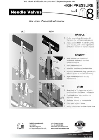 Page 5
Rev. 0 - 2011 Rev. 0 - 2015
New version of our needle valves range
Needle Valves
Needlevalves
OLD NEW
M.S. Jacobs & Associates, Inc. | 800-348-0089 | www.msjacobs.com
 