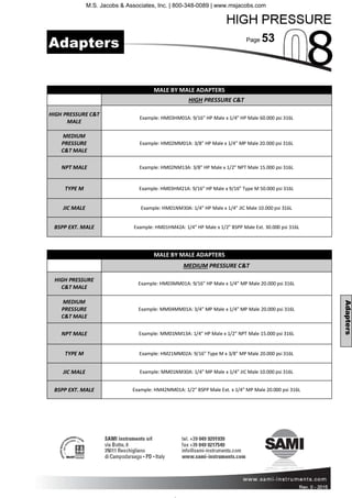Page 53
Rev. 0 - 2011 Rev. 0 - 2015
MALE BY MALE ADAPTERS
HIGH PRESSURE C&T
HIGH PRESSURE C&T
MALE
Example: HM03HM01A: 9/16” HP Male x 1/4” HP Male 60.000 psi 316L
MEDIUM
PRESSURE
C&T MALE
Example: HM02MM01A: 3/8” HP Male x 1/4” MP Male 20.000 psi 316L
NPT MALE Example: HM02NM13A: 3/8” HP Male x 1/2” NPT Male 15.000 psi 316L
TYPE M Example: HM03HM21A: 9/16” HP Male x 9/16” Type M 50.000 psi 316L
JIC MALE Example: HM01NM30A: 1/4” HP Male x 1/4” JIC Male 10.000 psi 316L
BSPP EXT. MALE Example: HM01HM42A: 1/4” HP Male x 1/2” BSPP Male Ext. 30.000 psi 316L
MALE BY MALE ADAPTERS
MEDIUM PRESSURE C&T
HIGH PRESSURE
C&T MALE
Example: HM03MM01A: 9/16” HP Male x 1/4” MP Male 20.000 psi 316L
MEDIUM
PRESSURE
C&T MALE
Example: MM04MM01A: 3/4” MP Male x 1/4” MP Male 20.000 psi 316L
NPT MALE Example: MM01NM13A: 1/4” HP Male x 1/2” NPT Male 15.000 psi 316L
TYPE M Example: HM21MM02A: 9/16” Type M x 3/8” MP Male 20.000 psi 316L
JIC MALE Example: MM01NM30A: 1/4” MP Male x 1/4” JIC Male 10.000 psi 316L
BSPP EXT. MALE Example: HM42MM01A: 1/2” BSPP Male Ext. x 1/4” MP Male 20.000 psi 316L
Adapters
Adapters
M.S. Jacobs & Associates, Inc. | 800-348-0089 | www.msjacobs.com
 