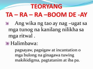 TEORYANG
TA – RA – RA –BOOM DE -AY
  Ang wika ng tao ay nag –ugat sa
mga tunog na kanilang nilikha sa
mga ritwal .
Halimbawa:
  pagsayaw, pagsigaw at incantation o
  mga bulong na ginagawa tuwing
  makikidigma, pagtatanim at iba pa.
 