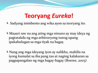Teoryang Eureka!
 Sadyang inimbento ang wika ayon sa teoryang ito.


Maaari raw na ang ating mga ninuno ay may ideya ng
 pagtatakda ng mga arbitraryong tunog upang
 ipakahulugan sa mga tiyak na bagay.

Nang ang mga ideyang iyon ay nalikha, mabilis na
 iyong kumalat sa iba pang tao at naging kalakaran sa
 pagpapangalan ng mga bagay-bagay (Boeree, 2003)
 