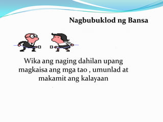 Nagbubuklod ng Bansa




 Wika ang naging dahilan upang
magkaisa ang mga tao , umunlad at
     makamit ang kalayaan
 