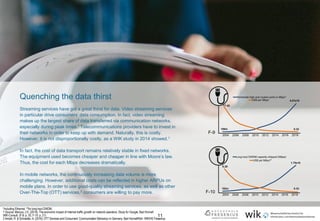 11
Quenching the data thirst
Streaming services have got a great thirst for data. Video streaming services
in particular drive consumers’ data consumption. In fact, video streaming
makes up the largest share of data transferred via communication networks,
especially during peak times.” Telecommunications providers have to invest in
their networks in order to keep up with demand. Naturally, this is costly.
However, it is not disproportionally costly, as a WIK study in 2014 showed.1
In fact, the cost of data transport remains relatively stable in fixed networks.
The equipment used becomes cheaper and cheaper in line with Moore’s law.
Thus, the cost for each Mbps decreases dramatically.
In mobile networks, the continuously increasing data volume is more
challenging. However, additional costs can be reflected in higher ARPUs on
mobile plans. In order to use good-quality streaming services, as well as other
Over-The-Top (OTT) services,2 consumers are willing to pay more.
*including Ethernet. **for long haul DWDM.
1 Source: Marcus, J.S. (2014): The economic impact of Internet traffic growth on network operators. Study for Google. Bad Honnef:
WIK-Consult. (F-9: p. 20, F-10: p. 21)
2 Arnold, R. & Schneider, A. (2016): OTT Services and Consumers’ Communication Behaviour in Germany. Bad Honnef/Köln: WIK/HS Fresenius.
F-9
F-10
 