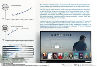 7
The freemium business model is less common with video and TV streaming services.
After a free trial, it is usually either the paid subscription or no video content at all.
Just how popular video streaming is with consumers is reflected in their willingness
to pay. Almost half of German consumers (49%) would be willing to pay for online
video content. These consumers get 61% or more of the video content they watch
from Netflix, Amazon and other similar services. From the interviews conducted for
this study, it transpired that consumers find original content like “House of Cards” and
“Orange Is the New Black” most attractive.
Young consumers show the strongest preference for video and online TV streaming
services. In fact, a significant share of them hardly watches traditional TV at all. In
total, 21% of consumers aged between 18 and 24 have not watched traditional TV in
the past six months. However, 57% have watched videos and TV on their PC/laptop,
24% on their smartphones and 14% on a tablet.
F-4: Source: Netflix annual reports.
F-5: Source: YouTube annual reports and reports in technology press.
F-6: Referring to the German population (with video consumption). Source: Representative online survey N = 1,000; WIK calculations.
F-4
F-5
F-6
Video consumption in Germany
 