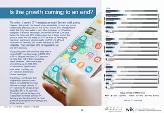 6
Is the growth coming to an end?
The number of users of OTT messaging services in Germany is still growing.
However, this growth has slowed down substantially in most age groups
compared to previous years. In our survey, around 87% of respondents
stated that they have texted or sent other messages on WhatsApp,
Instagram, Facebook Messenger and similar services. One year
before, the figurewas 80%. Looking backover a longer period, the
group of users who rely solely on OTT services for messaging
has shown particularly strong growth. In 2016, only 26% of
consumers in Germany had turned their back on SMS
completely. Two years later, 40% of respondents use
only OTT services.
Young consumers are still in the lead when it
comes to OTT services usage. In 2018, 95%
of 18- to 34-year-olds used OTT services
for more than half of their messaging
needs. However, older consumers
are catching up. In 2018, 85%
of respondents aged 45 and
older stated that they use
OTT services to send and
receive messages.
It is obvious nonetheless that
compared to previous years
there is no substantial increase
this year in usage intensity of
OTT services for all age groups
except the 35- to 44-year-olds.
This might indicate the beginning
of saturation for these services in
Germany and thus the end of the rapid
growth of recentyears for WhatsApp and
similar services.
SMS vs. OTT services
2016
2017
Usage intensity of OTT services
2018
Source: Surveys; n=3.184(2018); n=2.036(2017); n=1.003 (2016).
 