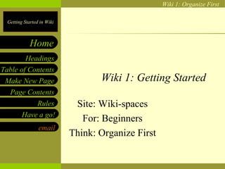 Wiki 1: Getting Started Site: Wiki-spaces For: Beginners Think: Organize First 