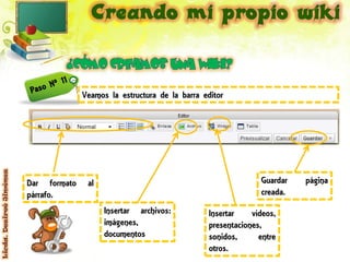 Veamos la estructura de la barra editor
Licda. Desireé Jiménez




                         Dar formato    al                                              Guardar   página
                         párrafo.                                                       creada.
                                             Insertar archivos:           Insertar    vídeos,
                                             imágenes,                    presentaciones,
                                             documentos                   sonidos,      entre
                                                                          otros.
 