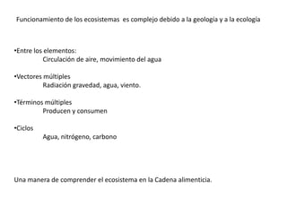 Funcionamiento de los ecosistemas es complejo debido a la geología y a la ecología



•Entre los elementos:
           Circulación de aire, movimiento del agua

•Vectores múltiples
          Radiación gravedad, agua, viento.

•Términos múltiples
         Producen y consumen

•Ciclos
          Agua, nitrógeno, carbono




Una manera de comprender el ecosistema en la Cadena alimenticia.
 