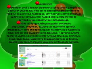 Διερεφνθςθ
΢τθ φάςθ αυτι ο βαςικόσ διδακτικόσ ςκοπόσ είναι οι μακθτζσ να
μάκουν τθ γλϊςςα των wikis και να αποκτιςουν τθν ικανότθτα να
γράφουν ςε μία τζτοια πλατφόρμα. ΢τθν πραγματικότθτα από απλοί
χριςτεσ και «καταναλωτζσ» πλθροφορίασ μετατρζπονται ςε
ςυγγραφείσ και «παραγωγοφσ» πλθροφορίασ.
Κάκε μζλοσ τθσ ομάδασ προχωράει ατομικά ςε
διερεφνθςθ, αναηιτθςθ, ςυλλογι και αξιολόγθςθ ςχετικϊν
πλθροφοριϊν, τόςο από προτεινόμενεσ θλεκτρονικζσ ι ςυμβατικζσ
πθγζσ όςο και από άλλεσ πθγζσ ςτο Διαδίκτυο. Η εργαςία αυτι κα
πρζπει να γίνεται και ςε χρόνο εκτόσ των εργαςτθριακϊν αςκιςεων.
΢τόχοσ είναι όλοι οι μακθτζσ να δθμιουργιςουν όςο το δυνατόν
περιςςότερεσ ςελίδεσ-λιμματα γφρω από τισ κεματικζσ ενότθτεσ.
 