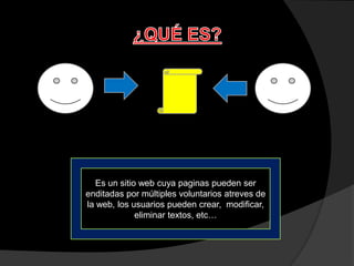 Es un sitio web cuya paginas pueden ser
enditadas por múltiples voluntarios atreves de
la web, los usuarios pueden crear, modificar,
eliminar textos, etc…
 