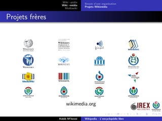 Wiki –pédia
Wiki –média
Mediawiki
Besoin d’une organisation
Projets Wikimédia
Projets frères
wikimedia.org
Habib M’henni Wikipedia - L’encyclopédie libre
 