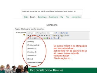 De cursist maakt in de startpagina
een inhoudstafel aan.
Zet de titels van de pagina's die je
wil maken tussen dubbele
vierkante haken
Sla de pagina op.
 
