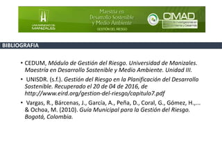 • CEDUM, Módulo de Gestión del Riesgo. Universidad de Manizales.
Maestría en Desarrollo Sostenible y Medio Ambiente. Unidad III.
• UNISDR. (s.f.). Gestión del Riesgo en la Planificación del Desarrollo
Sostenible. Recuperado el 20 de 04 de 2016, de
http://www.eird.org/gestion-del-riesgo/capitulo7.pdf
• Vargas, R., Bárcenas, J., García, A., Peña, D., Coral, G., Gómez, H.,...
& Ochoa, M. (2010). Guía Municipal para la Gestión del Riesgo.
Bogotá, Colombia.
BIBLIOGRAFIA
 