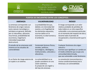 PUNTOS DE ENCUENTRO ENTRE LOS CONCEPTOS :
AMENAZA VULNERABILIDAD RIESGO
La amenaza corresponde a un
fenómeno de origen natural,
socio-natural, tecnológico o
antrópico en general, definido
por su naturaleza, ubicación,
recurrencia, probabilidad de
ocurrencia, magnitud e
intensidad (capacidad
destructora).
La probabilidad de que,
debido a la intensidad del
evento y a la fragilidad de
los elementos expuestos,
ocurran daños en la
economía, la vida humana y
el ambiente
El riesgo corresponde a un valor
relativo probable de pérdidas de
toda índole en un sitio específico
vulnerable a una amenaza particular,
en el momento del impacto de ésta y
durante todo el período de
recuperación y reconstrucción que le
sigue.
El estudio de las amenazas está
inmerso en los estudios de
vulnerabilidad.
Contempla factores físicos,
sociales, políticos,
tecnológicos, ideológicos,
institucionales, culturales y
educativos.
Cualquier fenómeno de origen
natural o
humano que signifique un cambio en
el medio ambiente que ocupa una
comunidad determinada,
que sea vulnerable a este fenómeno.
Es un factor de riesgo externo de
un sujeto o un sistema.
La vulnerabilidad no se
puede considerar sin una
visión sistémica.
Es propia de una región y
del tipo de amenaza.
La convolución (concomitancia y
mutuo condicionamiento) de la
Amenaza y la vulnerabilidad.
 