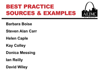 Best practice sources & examplesBarbara BoiseSteven Alan CarrHelen CapleKay ColleyDonica MessingIan ReillyDavid Wiley