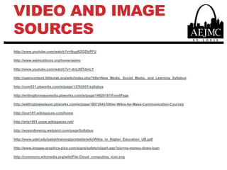 Video and image sourceshttp://www.youtube.com/watch?v=NugRZGDbPFUhttp://www.aejmcstlouis.org/home/aejmchttp://www.youtube.com/watch?v=-dnL00TdmLYhttp://opencontent.littleotak.org/wiki/index.php?title=New_Media,_Social_Media,_and_Learning_Syllabushttp://com531.pbworks.com/w/page/13782051/syllabushttp://writingformassmedia.pbworks.com/w/page/14929197/FrontPagehttp://editingtxwesleyan.pbworks.com/w/page/18572641/Other-Wikis-for-Mass-Communication-Courseshttp://jour101.wikispaces.com/homehttp://arts1091.unsw.wikispaces.net/http://waysofseeing.wetpaint.com/page/Syllabushttp://www.udel.edu/sakai/training/printable/wiki/Wikis_in_Higher_Education_UD.pdfhttp://www.images-graphics-pics.com/signs/safety/clipart.asp?pic=no-money-down-loanhttp://commons.wikimedia.org/wiki/File:Cloud_computing_icon.svg