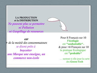 Pour 8 Français sur 10 l’écologie  est   “ souhaitable “ .   & pour >6 Français sur 10 la pratique Ecologique  est   “ probable “ LA PRODUCTION et la DISTRIBUTION Ne peuvent plus se permettre ni Pollution ni Gaspillage de ressources car + de la moitié des consommateurs se disent pr êts à  boycotter  une Marque une enseigne, un commerce non-écolo …  surtout  si elle joue la carte des  Green-Tech 
