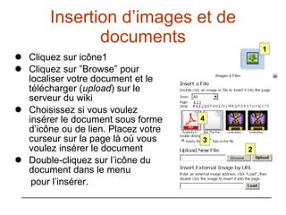 Insertion d’images et de documents Cliquez sur icône1 Cliquez sur ”Browse” pour localiser votre document et le télécharger ( upload ) sur le serveur du wiki Choisissez si vous voulez insérer le document sous forme d’icône ou de lien. Placez votre curseur sur la page là où vous voulez insérer le document Double-cliquez sur l’icône du document dans le menu pour l’insérer. 1 2 3 4 