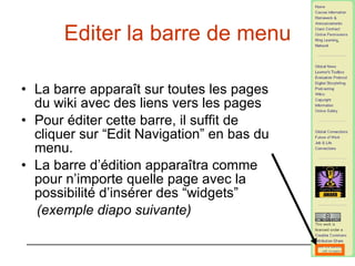 Editer la barre de menu La barre apparaît sur toutes les pages du wiki avec des liens vers les pages  Pour éditer cette barre, il suffit de cliquer sur “Edit Navigation” en bas du menu. La barre d’édition apparaîtra comme pour n’importe quelle page avec la possibilité d’insérer des “widgets” (exemple diapo suivante) 