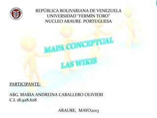 REPÚBLICA BOLIVARIANA DE VENEZUELA
UNIVERSIDAD “FERMÍN TORO”
NUCLEO ARAURE. PORTUGUESA
PARTICIPANTE:
ABG. MARIA ANDREINA CABALLERO OLIVIERI
C.I. 18.928.628
ARAURE, MAYO2013
 