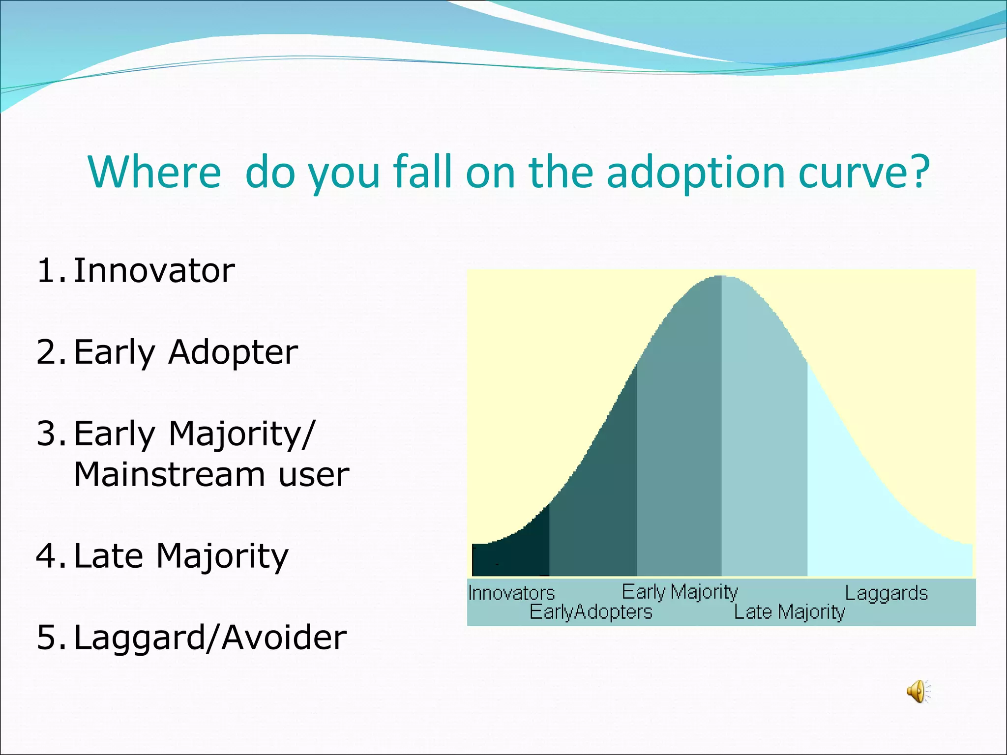 Where  do you fall on the adoption curve? Innovator Early Adopter Early Majority/ Mainstream user Late Majority Laggard/Avoider 