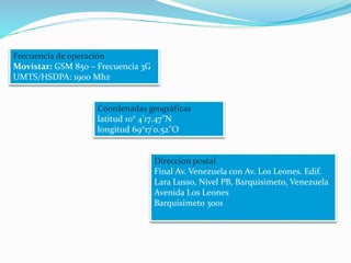 Frecuencia de operación
Movistar: GSM 850 – Frecuencia 3G
UMTS/HSDPA: 1900 Mhz
Coordenadas geográficas
latitud 10° 4'17.47"N
longitud 69°17'0.52"O
Direccion postal
Final Av. Venezuela con Av. Los Leones. Edif.
Lara Lusso, Nivel PB, Barquisimeto, Venezuela
Avenida Los Leones
Barquisimeto 3001