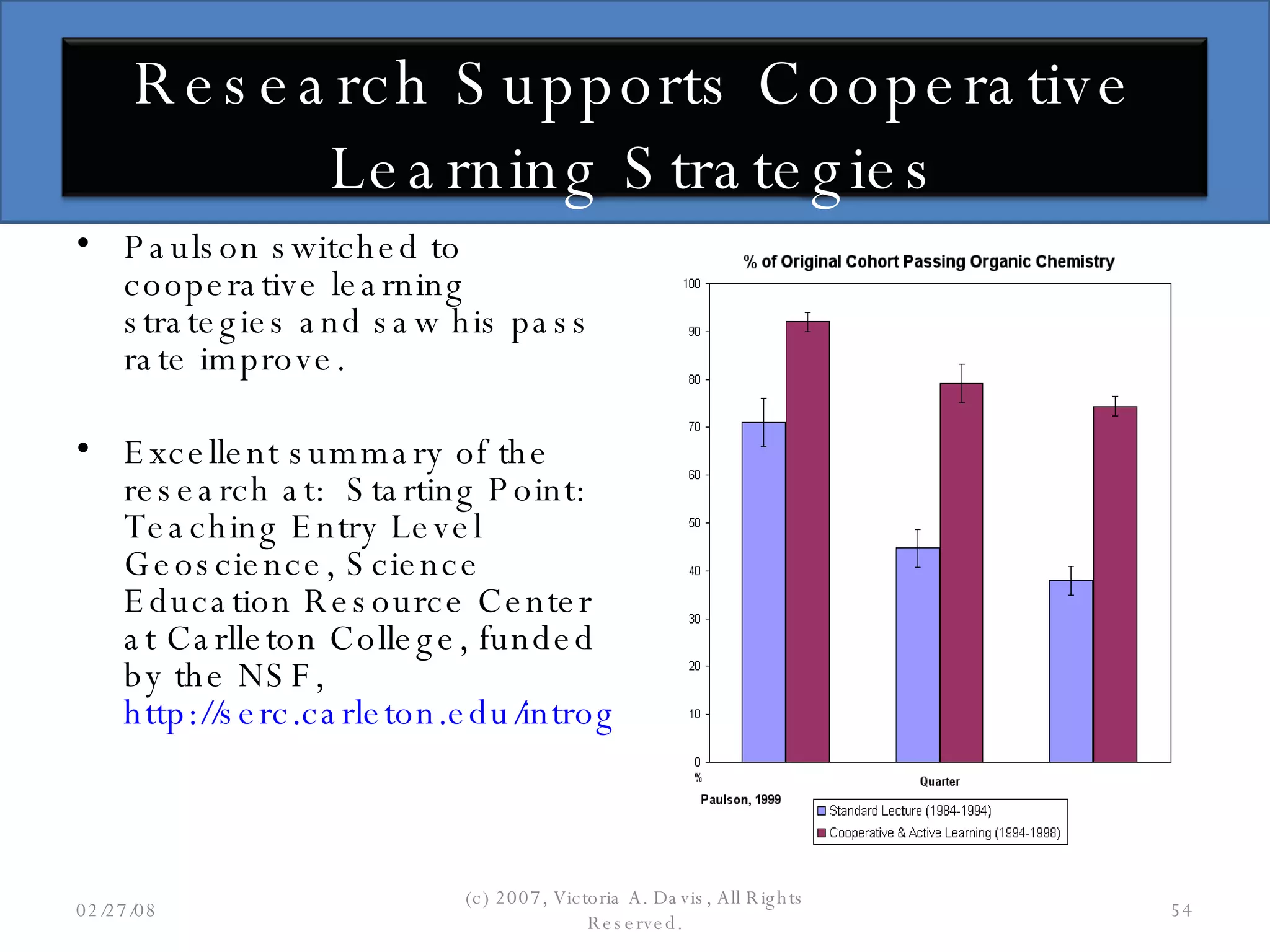 Paulson switched to cooperative learning strategies and saw his pass rate improve. Excellent summary of the research at:  Starting Point:  Teaching Entry Level Geoscience, Science Education Resource Center at Carlleton College, funded by the NSF,  http://serc.carleton.edu/introgeo/cooperative/whyuse.html   06/02/09 (c) 2007, Victoria A. Davis, All Rights Reserved. Research Supports Cooperative Learning Strategies 