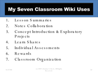 Lesson Summaries Notes Collaboration Concept Introduction & Exploratory Projects Learn Shares Individual Assessments Rewards Classroom Organization 06/02/09 (c) 2007, Victoria A. Davis, All Rights Reserved. My Seven Classroom Wiki Uses 