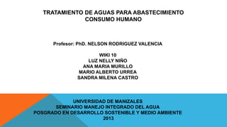 TRATAMIENTO DE AGUAS PARA ABASTECIMIENTO
CONSUMO HUMANO

Profesor: PhD. NELSON RODRIGUEZ VALENCIA

WIKI 10
LUZ NELLY NIÑO
ANA MARIA MURILLO
MARIO ALBERTO URREA
SANDRA MILENA CASTRO

UNIVERSIDAD DE MANIZALES
SEMINARIO MANEJO INTEGRADO DEL AGUA
POSGRADO EN DESARROLLO SOSTENIBLE Y MEDIO AMBIENTE
2013

 
