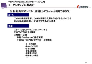 マイクロブログとwikiによるコラボレーション入門
ワークショップの進め方

 対象：社内のコミュニティ、前提としてChatterが利用できること
ゴール
     ①wikiの機能を理解してwikiで簡単な文章を作成できるようになる
     ②wikiによるコラボレーションができるようになる

手順
     ①5～10名のチーム（コミュニティ）＊２
     ②以下のプロセスを実施
     ③期間：1日間
       午前：Confluenceの操作演習
       午後：以下のプロジェクトをチームで実施
           ・テーマの決定
           ・スキームの決定
           ・日程の調整
           ・会場との調整
           ・提案書を作成
           ・関係者との調整
            …

                                          13
 