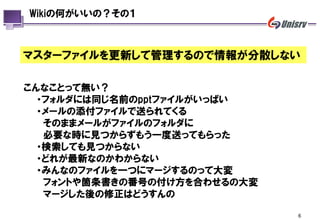 Wikiの何がいいの？その１



マスターファイルを更新して管理するので情報が分散しない

こんなことって無い？
  ・フォルダには同じ名前のpptファイルがいっぱい
  ・メールの添付ファイルで送られてくる
   そのままメールがファイルのフォルダに
   必要な時に見つからずもう一度送ってもらった
  ・検索しても見つからない
  ・どれが最新なのかわからない
  ・みんなのファイルを一つにマージするのって大変
   フォントや箇条書きの番号の付け方を合わせるの大変
   マージした後の修正はどうすんの

                              6
 