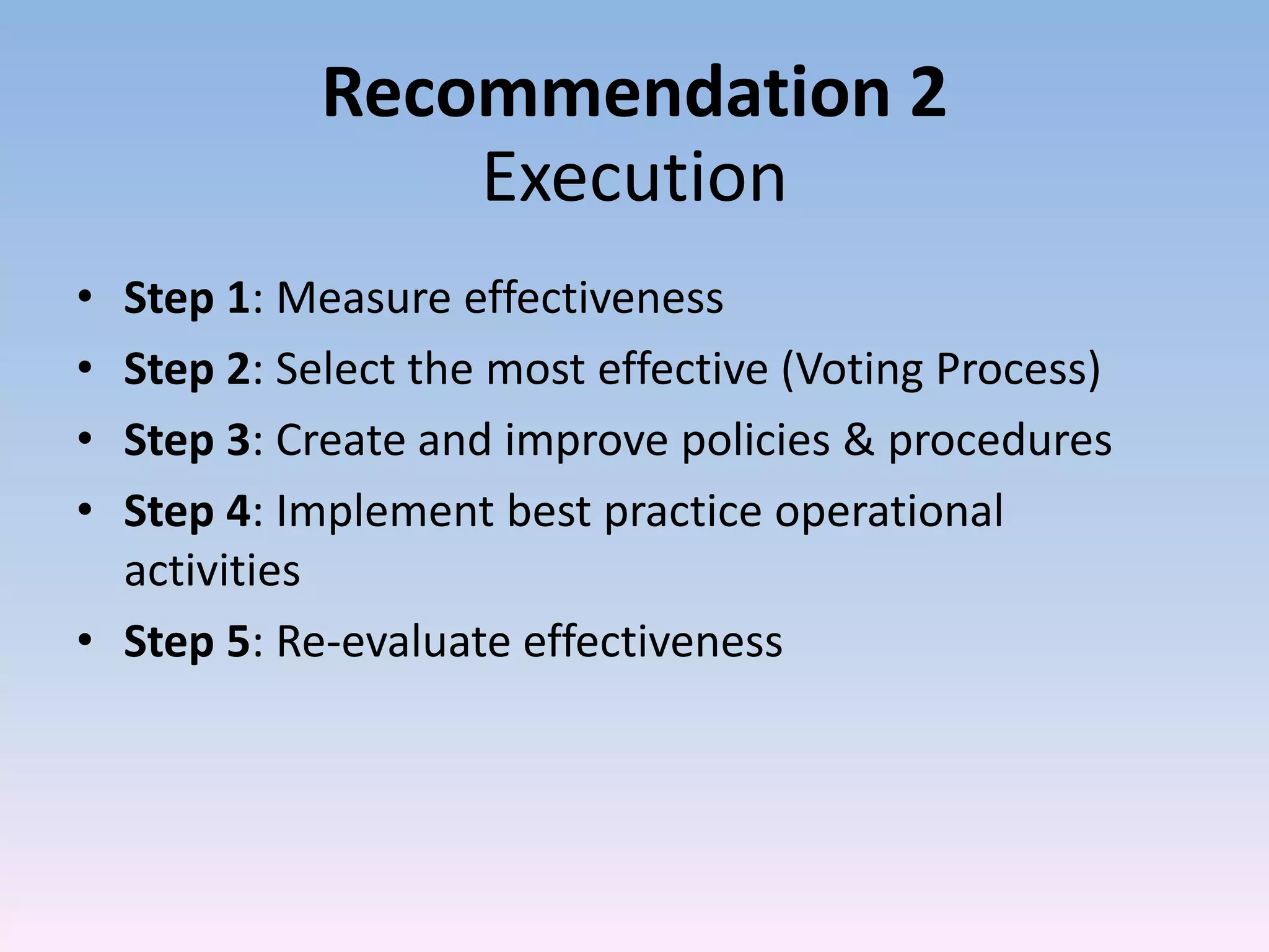 Recommendation 2
                Execution
• Step 1: Measure effectiveness
• Step 2: Select the most effective (Voting Process)
• Step 3: Create and improve policies & procedures
• Step 4: Implement best practice operational
  activities
• Step 5: Re-evaluate effectiveness
 