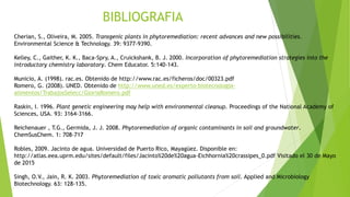 BIBLIOGRAFIA
Cherian, S., Oliveira, M. 2005. Transgenic plants in phytoremediation: recent advances and new possibilities.
Environmental Science & Technology. 39: 9377-9390.
Kelley, C., Gaither, K. K., Baca-Spry, A., Cruickshank, B. J. 2000. Incorporation of phytoremediation strategies into the
introductory chemistry laboratory. Chem Educator. 5:140-143.
Municio, A. (1998). rac.es. Obtenido de http://www.rac.es/ficheros/doc/00323.pdf
Romero, G. (2008). UNED. Obtenido de http://www.uned.es/experto-biotecnologia-
alimentos/TrabajosSelecc/GloriaRomero.pdf
Raskin, I. 1996. Plant genetic engineering may help with environmental cleanup. Proceedings of the National Academy of
Sciences, USA. 93: 3164-3166.
Reichenauer , T.G., Germida, J. J. 2008. Phytoremediation of organic contaminants in soil and groundwater.
ChemSusChem. 1: 708-717
Robles, 2009. Jacinto de agua. Universidad de Puerto Rico, Mayagüez. Disponible en:
http://atlas.eea.uprm.edu/sites/default/files/Jacinto%20de%20agua-Eichhornia%20crassipes_0.pdf Visitado el 30 de Mayo
de 2015
Singh, O.V., Jain, R. K. 2003. Phytoremediation of toxic aromatic pollutants from soil. Applied and Microbiology
Biotechnology. 63: 128-135.
 