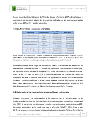 Maestría en desarrollo sostenible y medio ambiente
Modulo Manejo Integrado del Agua Fecha: 25 de Noviembre/2018
Pág.
15
Según presentación del Ministerio de Vivienda, Ciudad y Territorio, 2017 sobre el estado y
avances de saneamiento básico; las inversiones realizadas en las cuencas priorizadas
entre el año 2011 y 2014 son las siguientes.
Tabla 2. Inversiones en cuencas priorizadas
Fuente. Ministerio de Vivienda, Ciudad y Territorio. Viceministerio de Agua y Saneamiento Básico. ESTADO Y AVANCES
SANEAMIENTO BASICO “MANEJO DE AGUAS RESIDUALES DOMESTICAS”. Cuenca del Río Magdalena. Bogotá. 2017
Recuperado de: http://w w w .minambiente.gov.co/images/3._Cuenca_Rio_Magdalena_MinVivienda.pdf
El estado actual de estos proyectos entre el año 2006 – 2017 también es presentado en
este informe, donde se reportan 142 plantas de tratamiento construidas en 93 municipios,
de las cuales 122 se encuentran en operación y 20 de las cuales no se tiene información.
Como proyección para los años 2017 – 2030 articulado con los objetivos de desarrollo
sostenible, se tiene la meta de tener el 68% del agua residual tratada en todo el territorio
nacional, con la ampliación de la PTAR Salitre: Bogotá, Canoas: Bogotá/Soacha, PTAR
Bello: Área Metropolitana, Manizales-Villamaría, Pereira-Dosquebradas, ampliación Río
Frío: Bucaramanga/Floridablanca, Río de Oro: Bucaramanga/Girón, Popayán.
8. Estado nacional de tratamiento de aguas residuales en Colombia
Cuando indagamos los antecedentes y la dinámica en la estructuración de la
implementación de sistemas de tratamiento de aguas residuales observamos que para el
año 2002, el número de municipios que contaban con sistemas de tratamiento eran 279,
los cuales aumentaron a 454 municipios para el año 2006 (MAVDT, 2010). Para el año
2017, de acuerdo a los reportes de la Superintendencia de Servicios Públicos Domiciliarios
 