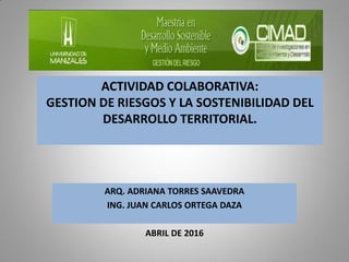 ACTIVIDAD COLABORATIVA:
GESTION DE RIESGOS Y LA SOSTENIBILIDAD DEL
DESARROLLO TERRITORIAL.
ARQ. ADRIANA TORRES SAAVEDRA
ING. JUAN CARLOS ORTEGA DAZA
ABRIL DE 2016
 