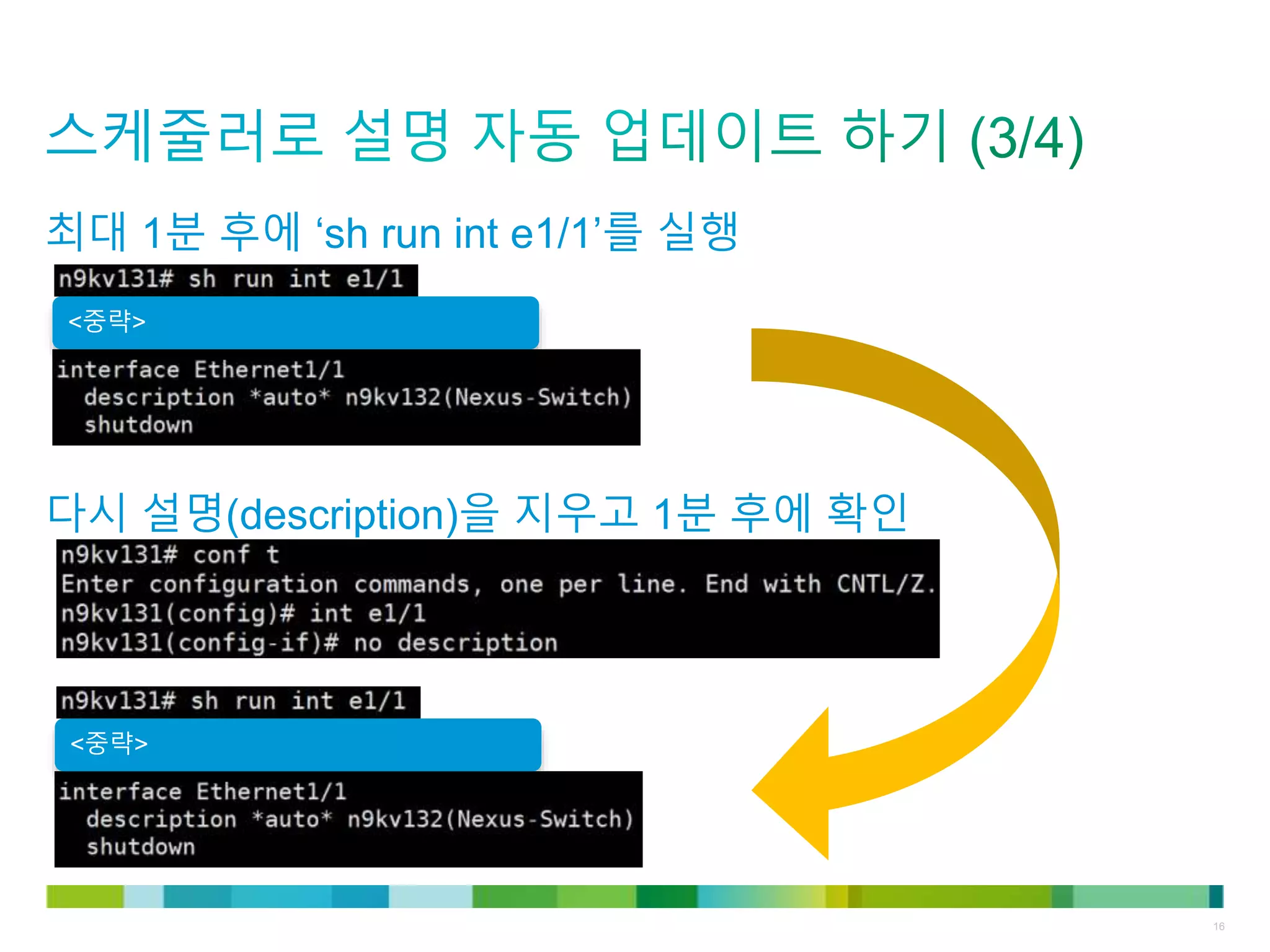 © 2011 Cisco and/or its affiliates. All rights reserved. Cisco Confidential 16
최대 1분 후에 ‘sh run int e1/1’를 실행
<중략>
다시 설명(description)을 지우고 1분 후에 확인
<중략>
 